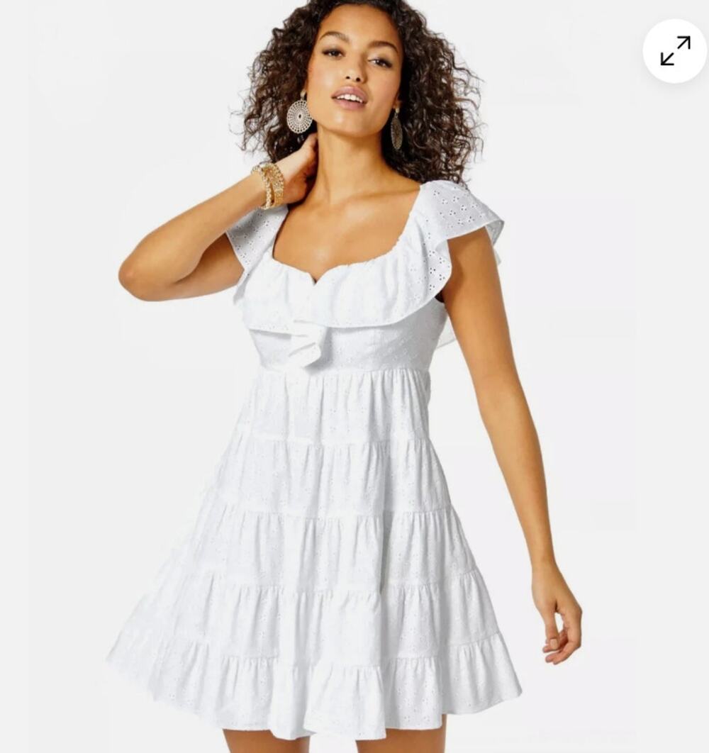 LILLY PULITZER Emie Mini Dress Resort White Ditsy Vine Eyelet Size 0 Babydoll
